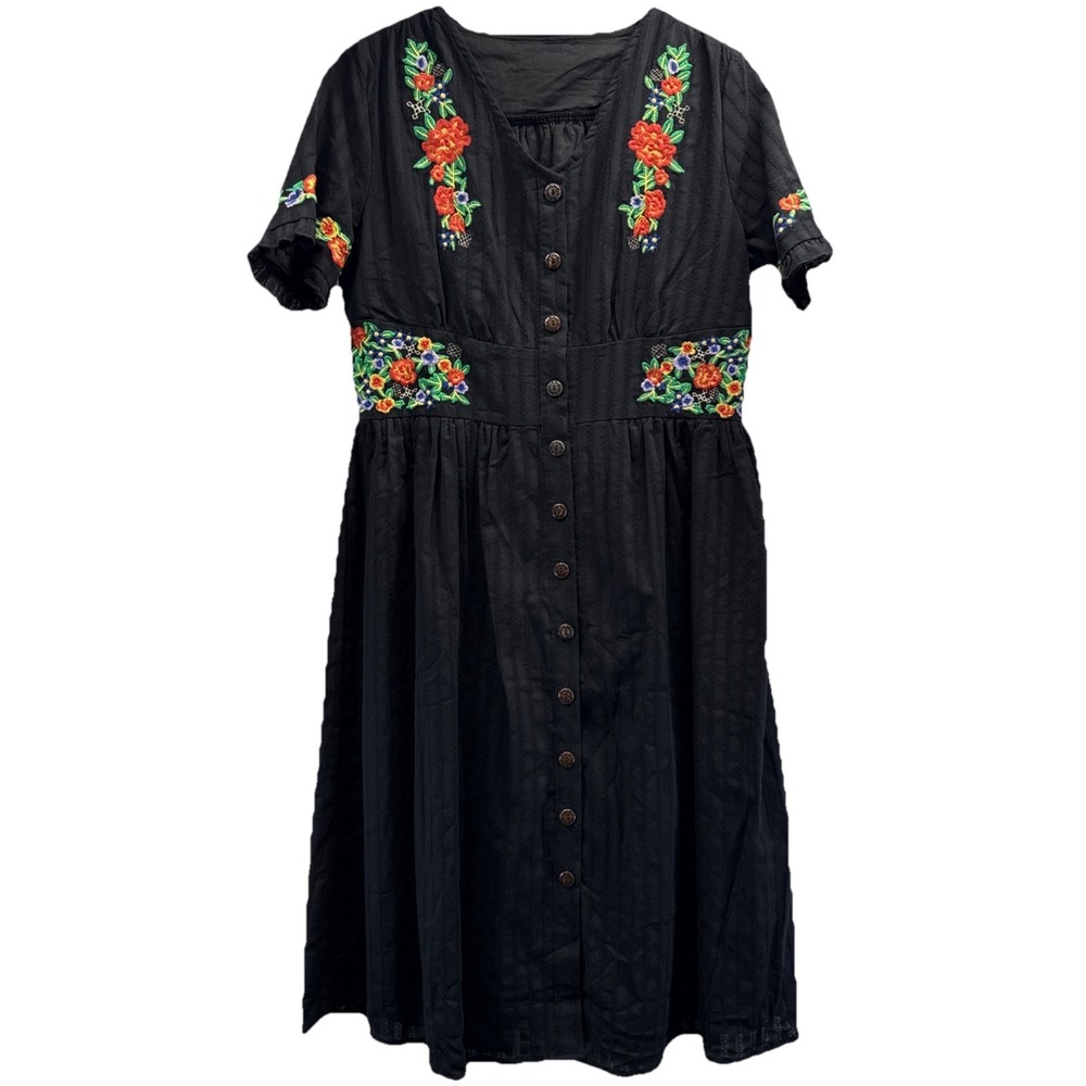 Retro Stage Midi Dress Womens Med Black Orange Embroidered Floral V-Neck Vintage